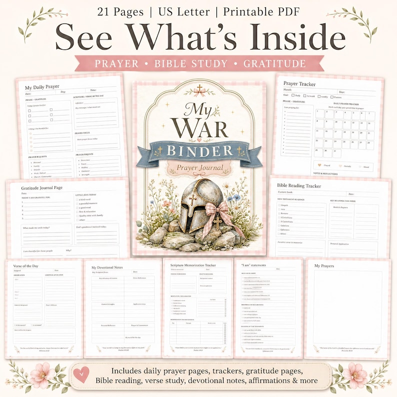 May include: A printable PDF prayer journal with 21 pages, US Letter size. The cover features a watercolor illustration of a helmet and cross. Includes daily prayer pages, trackers, gratitude pages, Bible reading, and devotional notes.
