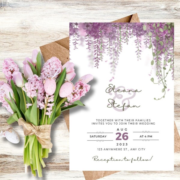 Wisteria Wedding, Purple Wedding, Floral Wedding Invitation Invite Template, Digital Download