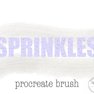 May include: A Procreate brush with the word "SPRINKLES" in a light purple colour with a colourful sprinkle pattern. The text "procreate brush" is below the word "SPRINKLES".