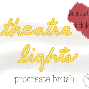 May include: A digital brush for Procreate called "theatre lights" with a yellow dotted font. A bonus stamp is included.
