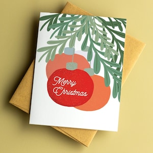 Merry Christmas Card | Retro Modern Christmas Ornaments Under the Tree Card | Personalized Message Christmas Card