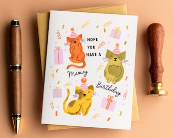 Cat Birthday Card, 'Meowy Birthday' Cute Kitties Design