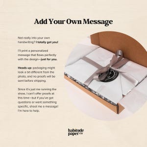 Add Your Own Message. Custom message option available, with personalized printing to match the design. Packaging may differ from the photo, and proofs are not provided. Card is carefully packaged, printed, and designed in our studio.