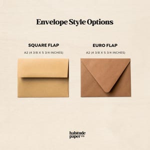 May include: Two brown envelopes with different flap styles. The envelope on the left has a square flap and the envelope on the right has a euro flap. Both envelopes are labeled A2 (4 3/8 x 5 3/4 inches).