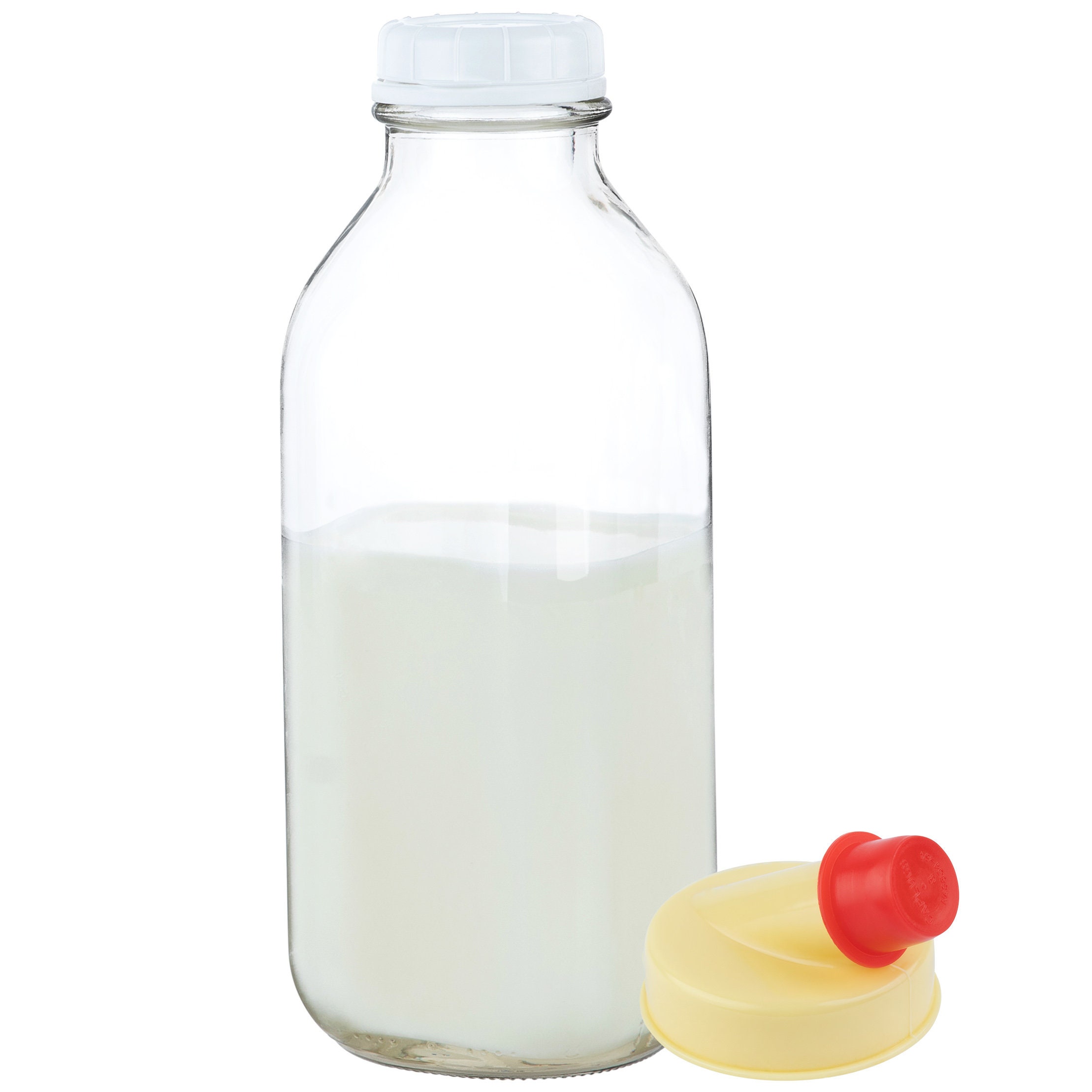 Kitchentoolz 12 oz Square Glass Milk Bottle with Lids and Pour Spout - US  Made -Pack of 2