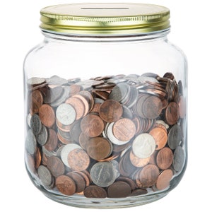 Half Gallon Coin Bank Jar with Slotted Gold Lid Holds Over 1000 Dollars in Coins- Piggy Bank Made in USA