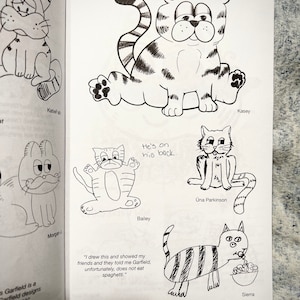 May include: A black and white drawing of a Garfield comic strip with different people's interpretations of Garfield. The caption reads "I drew this and showed my friends and they told me Garfield, unfortunately, does not eat spaghetti."