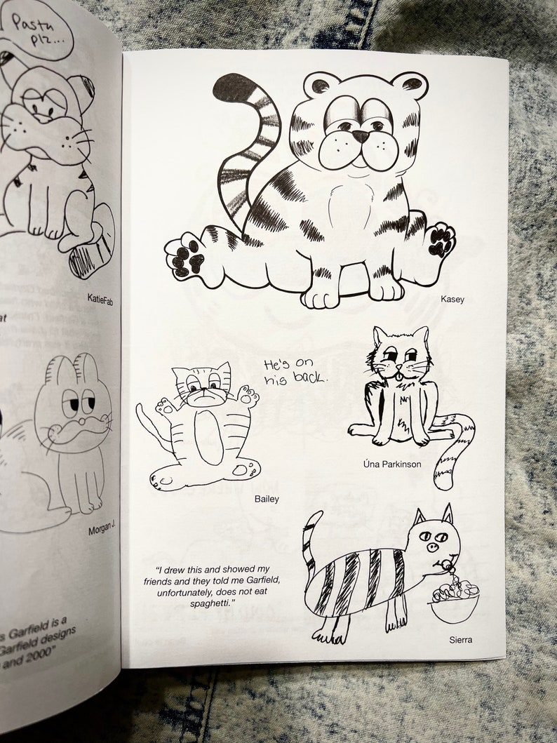 May include: A black and white drawing of a Garfield comic strip with different people's interpretations of Garfield. The caption reads "I drew this and showed my friends and they told me Garfield, unfortunately, does not eat spaghetti."