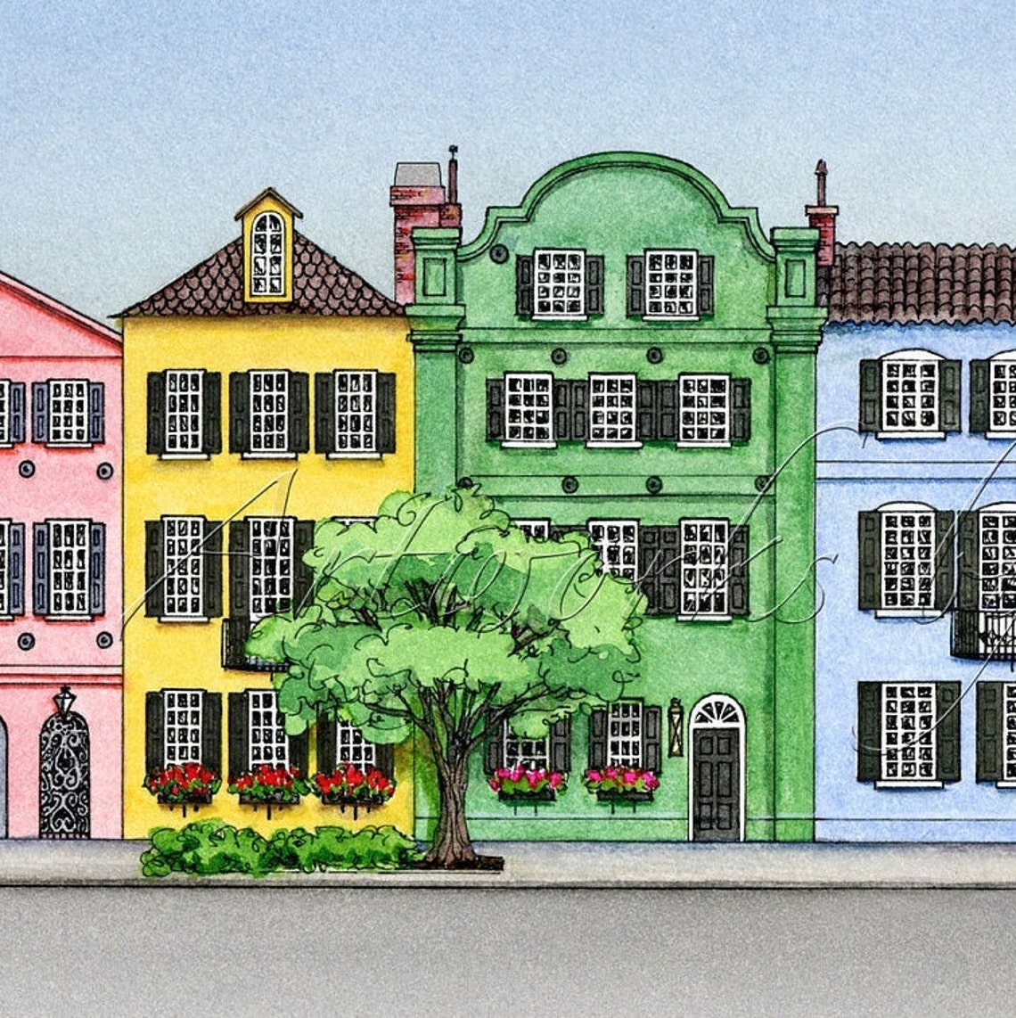 Charleston Art, Rainbow Row Charleston Print, Rainbow Row Charleston