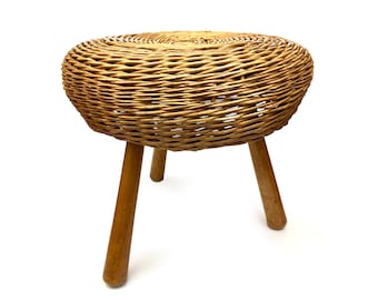 Tony Paul 17" Large Wicker Stool Rattan Mushroom Ottoman Foot Rest Side Table Plant Stand Bohemian Mid Century Modern MCM 1970s 70s