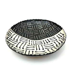 Peter Saenger Porcelain Large Footed Bowl Centerpiece Modernist Black White Line Decor Mid Century Modern MCM Signed