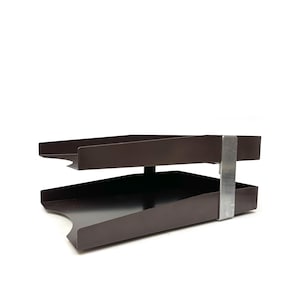Edward Levit Steelcase Double Tiered Brown Chrome Metal Desktop Paper Tray Space Age Accessories Mid Century Modern MCM 1960s 60s