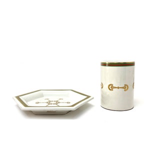 Gucci Horsebit Pencil Cup & Catch All Tray Desk Top Set Accessories Horse Buckle Green Red Gold Stripe White Ceramic 1980s 80s