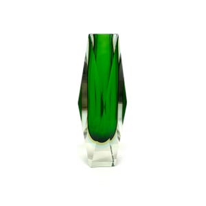 Flavio Poli for Alessandro Mandruzzato Murano Sommerso Faceted Crystal Glass Vase Green Yellow 1960s 60s MCM Mid Century Modern Italy