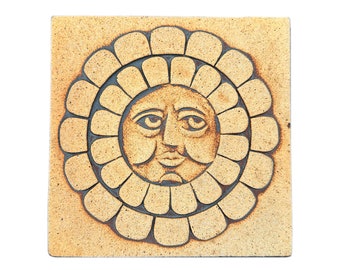 John Wenzel Clayworks 8x8 Stoneware Sun Face Tile Decorative Ceramic Trivet Whimsical 1970s 70s