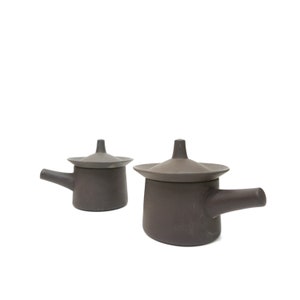 Pair of Jens Quistgaard Dansk Designs Flamestone Sugar Bowl w/ Lid Smooth Brown Matte Finish Danish Denmark JHQ IHQ 1960s 60s
