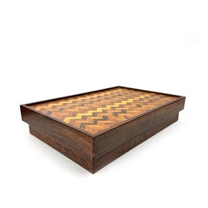 Don Shoemaker Studio Crafted Large Lidded Box / Tray Container Rosewood Mahogany Rare Woods Zig Zag Pattern Mid Century Modern MCM 1960s 60s