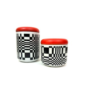 Pair of Franco Pozzi Ceramica Pozzi Raymor Geometric Op Art Lidded Jars Containers Red Black White Mid Century Modern MCM Italy 1960s 60s