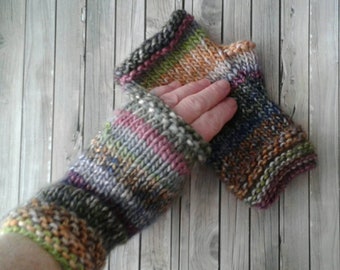 Multi coloured fingerless unisex mittens, mix of acrylic and wool fingerless gloves medium size for the boho look, tweed knitted gloves