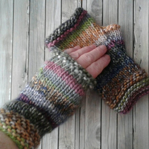 Multi coloured fingerless unisex mittens, mix of acrylic and wool fingerless gloves medium size for the boho look, tweed knitted gloves