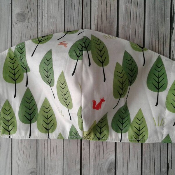 Little Fox cotton face mask, washable reusable face cover with green and cream pattern print, leaves print womens mask, tailored fitted mask