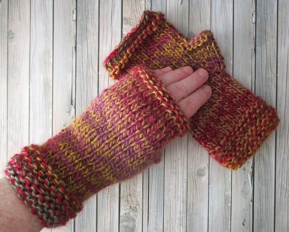 Handknitted Tweed Fingerless Gloves Made in the UK, Autumn Berry Colours  Accessories for Women, Womens Wool Gloves, Warm Winter Mittens, 
