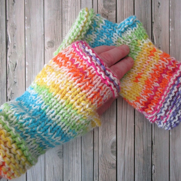 Rainbow Handknitted Fingerless Gloves, Texting Gloves, Carers Gift for Her, Woolly Fingerless Mitts,