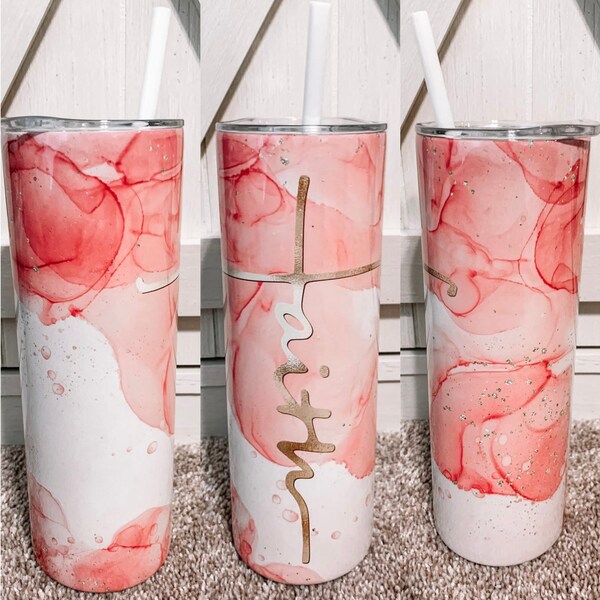 Pink and Gold Faith Cross Skinny Tumbler