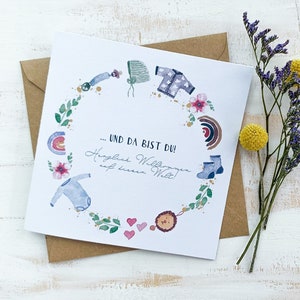 Klappkarte zur Geburt | "da bist du" Baby Utensilien,Blumen,Geburt,Baby,Glückwunsch,Karte,handgemalt,Gruß,Druck,Geschenk,individuel