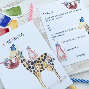 Einladung Kindergeburtstag, Tiere,Giraffe,Faultier,Katze,Partyhut,Karte doppelseitig