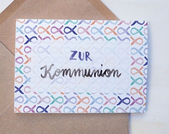 Glückwunschkarte Kommunion | Kommunion,Gott,Kirche,Dank,Glückwunsch,Handlettering,Fische,Aquarell,handgemacht,Grußkarte,Druck,Jesus,bunt