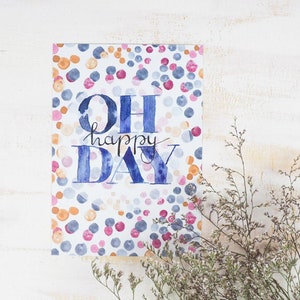 Postkarte |"OH HAPPY DAY"mit handgemalten Motiven-Freudentag,Handschrift,Motivation,Handlettering,Aquarell,Karte,Zitat,Druck,Freude