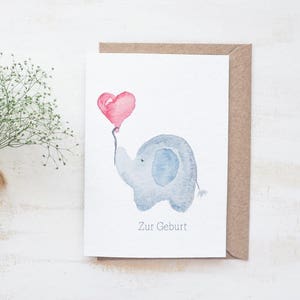 Klappkarte zur Geburt | kleiner Elefant,Mädchen,Junge,Geburt,Baby,Glückwunsch,Taufe,Karte,handgemalt,Gruß,Druck,Geschenk,Herzballon,Elefant