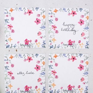 Mini Karten 4er Set | handgemalte Blumen, Druck auf Künstlerpapier,bunt,Karte,Illustration,Büttenpapier,handgemacht,Grußkarte,Frühling