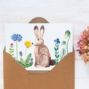 Klappkarte Ostern | Hase in Blumenwiese | handgemalte Motive-Frühling,Ostern,Hase,Grußkarte,Illustration,Aquarell,Karte,Druck,Gruß,Blumen