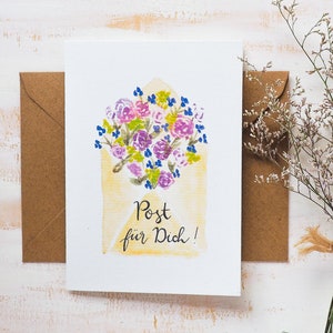 Einfach So-Karte "Post für dich" | Gruß,persönliche Nachricht,Karte,Gedanken,Handlettering,bunt,Blumen,Aquarell,Druck, Brief, Umschlag