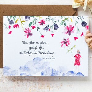 Mutmach-Karte "Um klar zu sehen" | Statement,Spruch,Antoine de Saint-Exupery,Gruß,Karte,Gedanken,Handlettering,bunt,Blumen,Aquarell,Druck