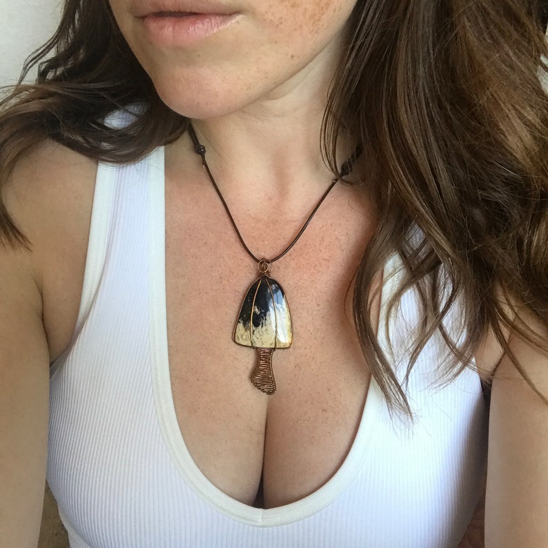 Trippy Petrified Palm Wood Wire Wrapped Mushroom Pendant Necklace Psychedelic Crystal Stone