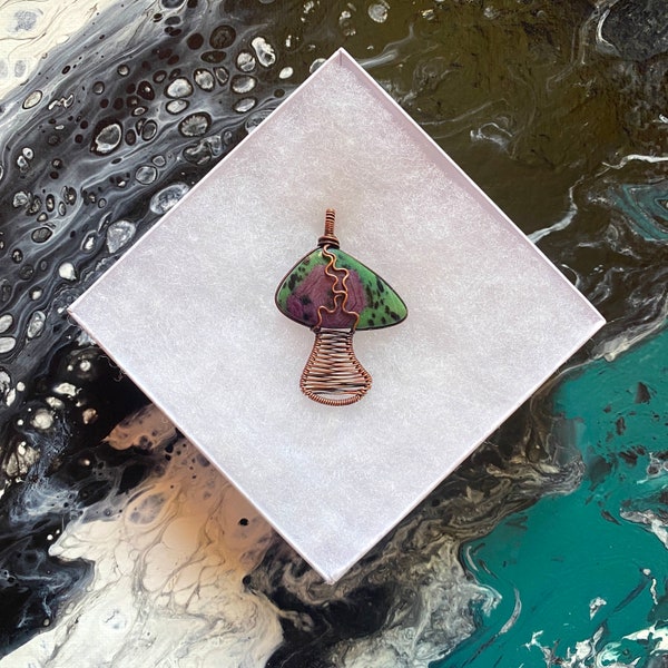 Ruby Zoisite Cabochon Wire Wrapped Mushroom Pendant Necklace, Stone, Crystal, Trippy, Psychedelic