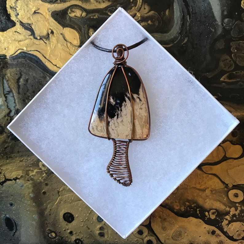 Trippy Petrified Palm Wood Wire Wrapped Mushroom Pendant Necklace Psychedelic Crystal Stone