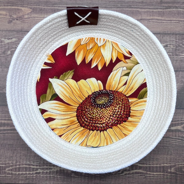 Fall Decor Sunflowers on Red Background Handcrafted Decorative Wall Art/Knick Knack Rope Bowl, Basket