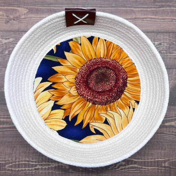 Sunflowers on Blue Background Handcrafted Decorative Wall Art/Knick Knack Rope Bowl, Basket