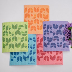 Geometric Flowers on Color Set of 5 Cloths Swedish Dishcloths one of Each Design ECO Friendly Sponge Cloth Paper Towel Replacement image 8