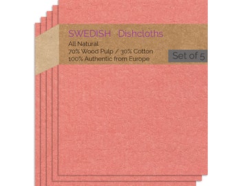 May include: Set of five pink Swedish dishcloths made from 70% wood pulp and 30% cotton. The dishcloths are 100% authentic from Europe. The packaging is brown with the text "SWEDISH Dishcloths, All Natural, 70% Wood Pulp / 30% Cotton, 100% Authentic from Europe, Set of 5."