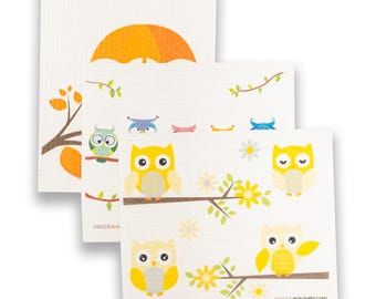 Owl Swedish Dishcloths Set: Eco Friendly Reusable Cleaning Cloths