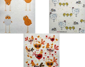 Swedish Dishcloths Mixed Chickens Set of 3 (one of Each Design) | ECO Friendly Sponge Cloth | Paper Towel Replacement