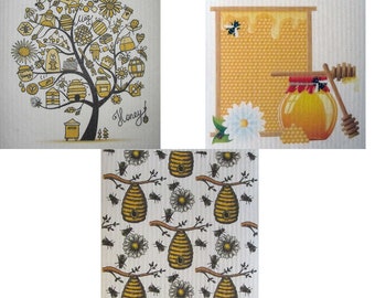 Bees/Honey Set of 3 cloths (One of each design) Swedish Dishcloths | ECO Friendly Absorbent Cleaning Cloth | Reusable Cleaning Wipes