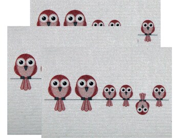 Swedish Dishcloth | Set of 3 each  Redbirds on Wire Design | Eco Friendly Cleaning Absorbent Cloth Eco Friendly Cleaning Wipes