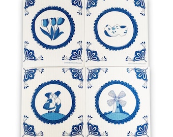 Swedish Dishcloths Dutch Designs Set of 4 Cloths | ECO Friendly Reusable Cleaning Sponge Cloth