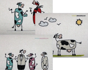 Mixed Fun Cow Set of 3 Cloths (one of Each Design) Swedish Dishcloths | ECO Friendly Absorbent Cleaning Cloth | Reusable Cleaning Wipes